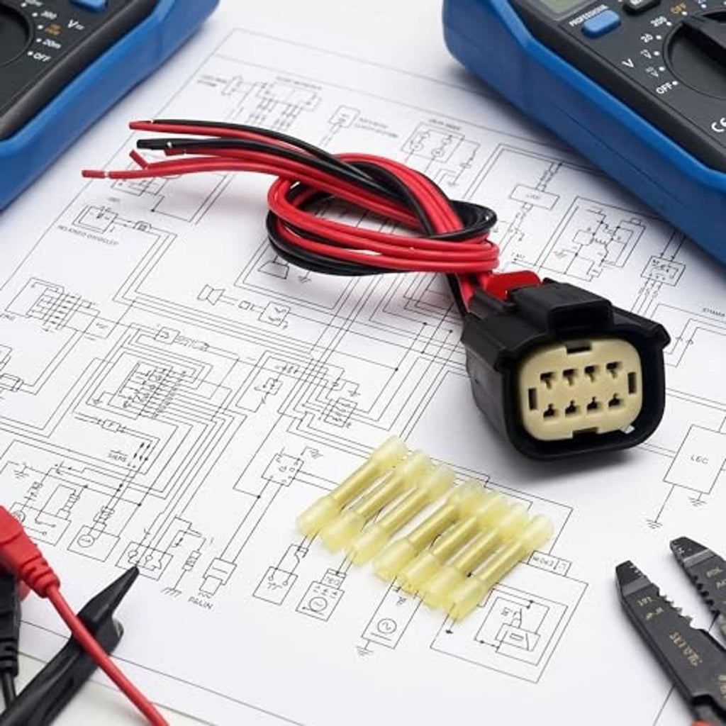 8-pin headlight wiring harness connector pigtail with beige terminals and red/black wires