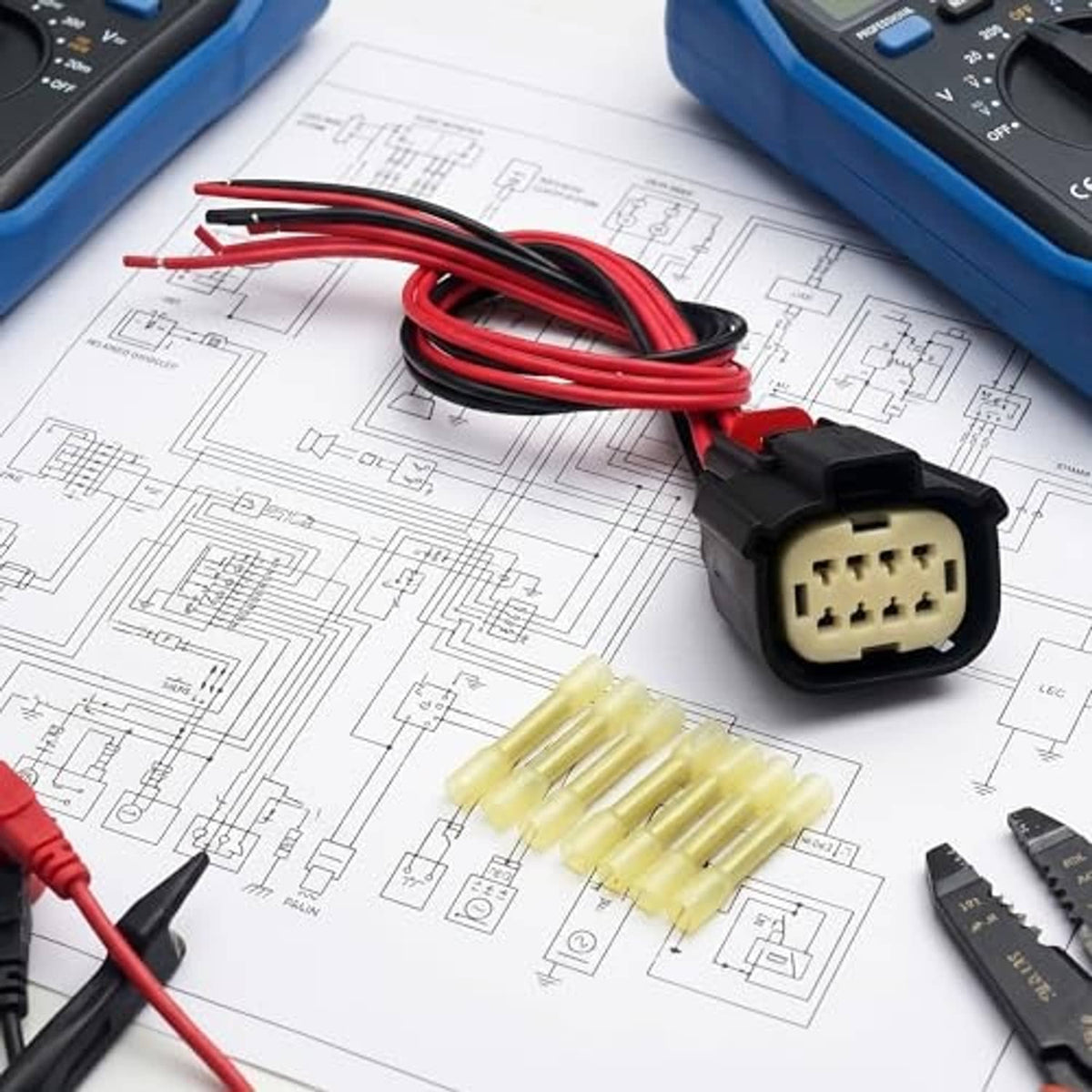 8-pin headlight wiring harness connector pigtail with beige terminals and red/black wires