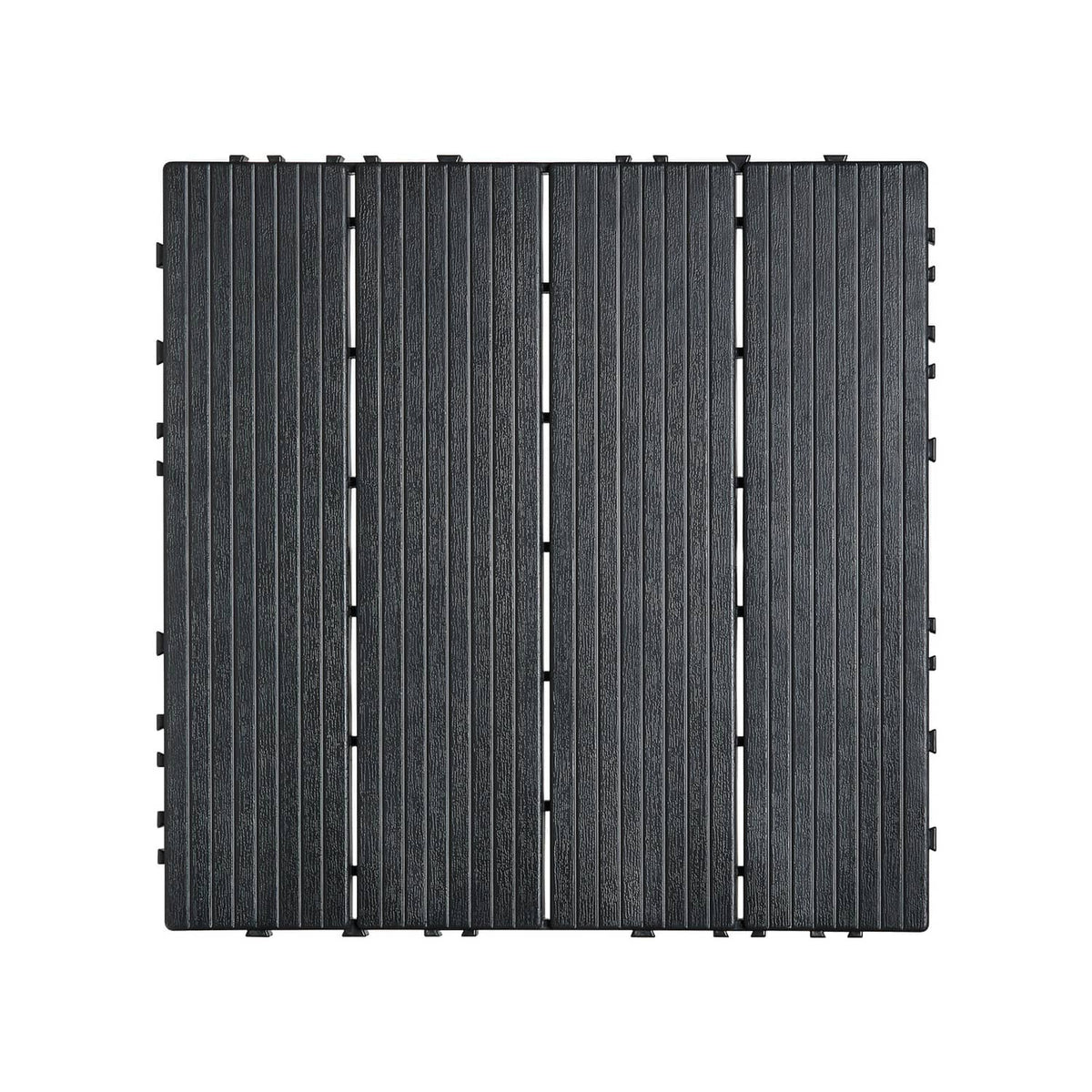 Dark grey interlocking deck tile panel with vertical ribbed texture and edge tabs