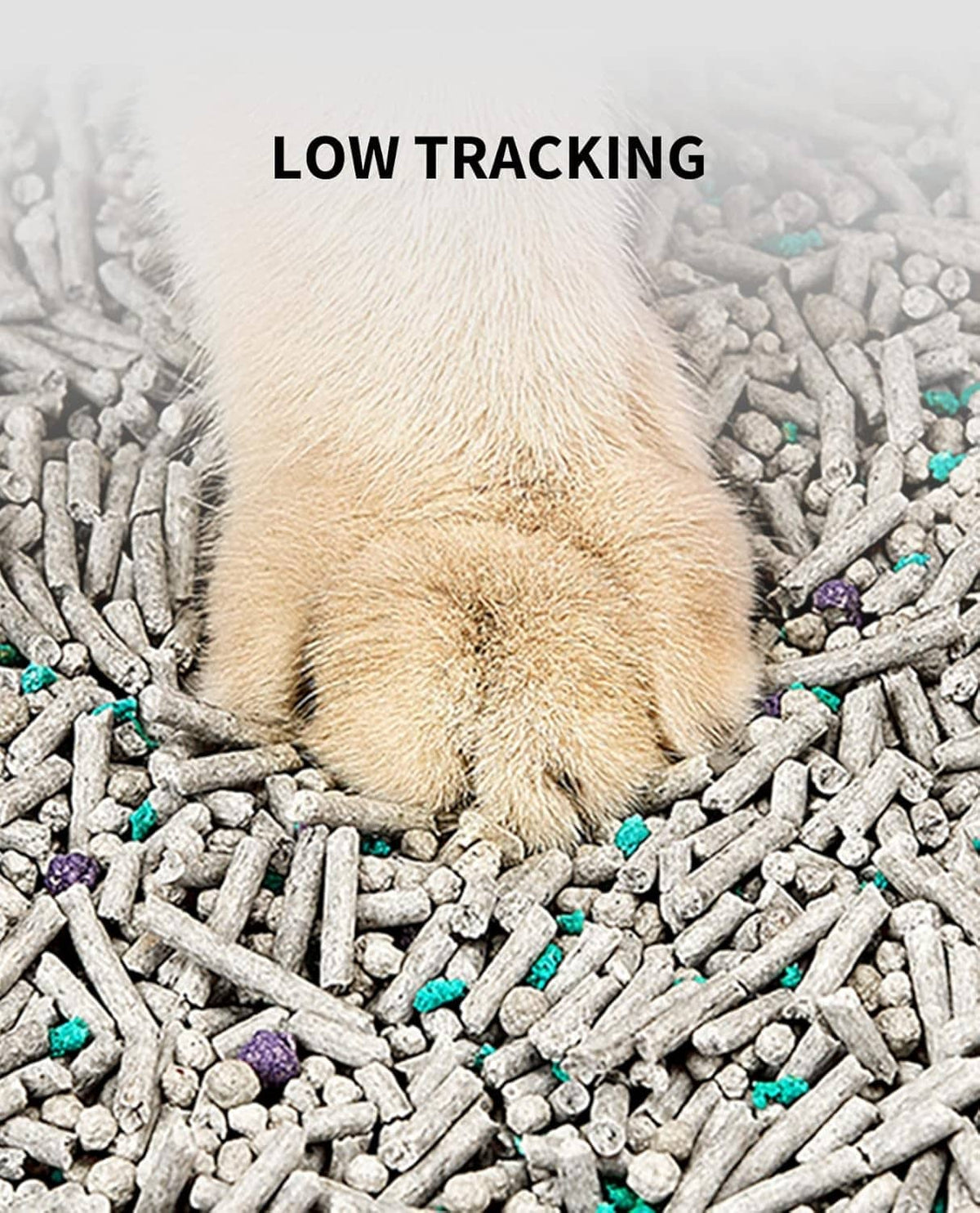 Cat paw on mixed cat litter pellets with colored granules
