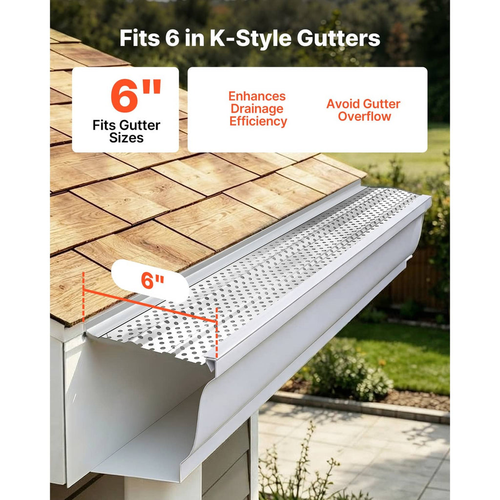 Aluminum gutter cover designed for 6 in K-style gutters with perforations