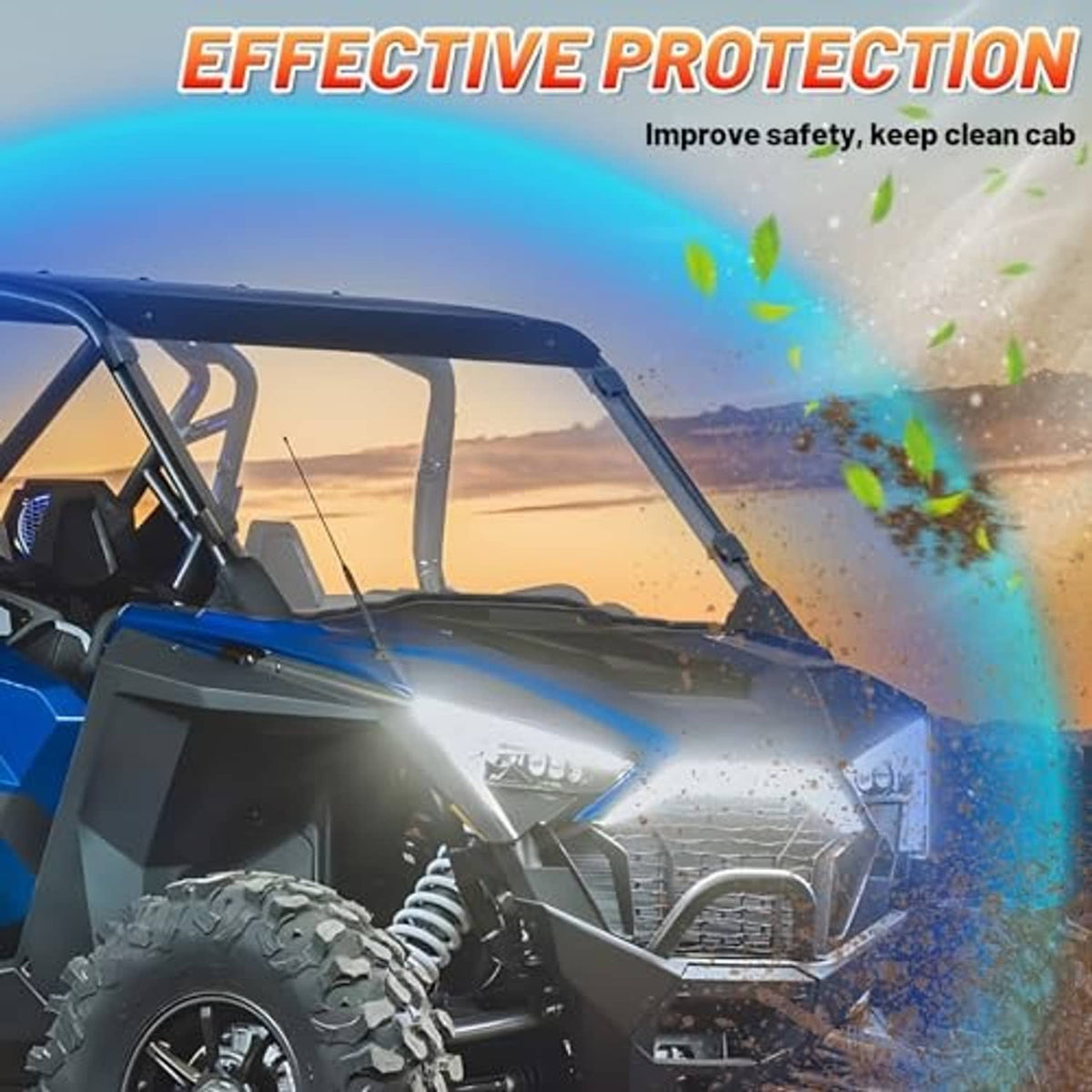 UTV full windshield panel showing protective, clear barrier appearance