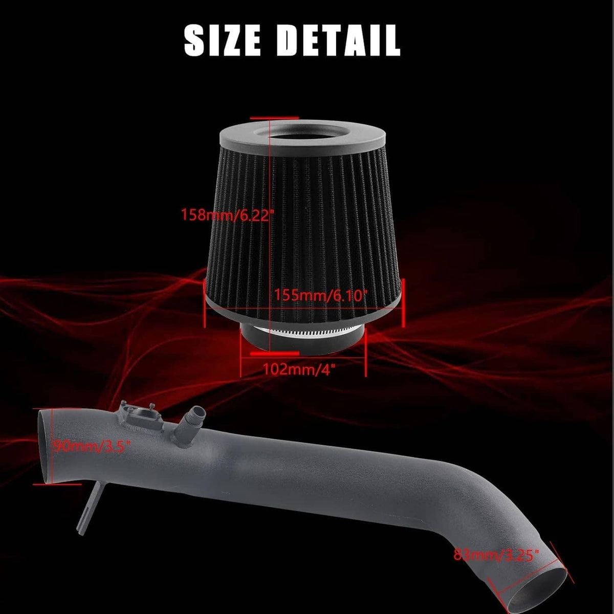 Black cold air intake pipe with conical reusable air filter and airbox opening