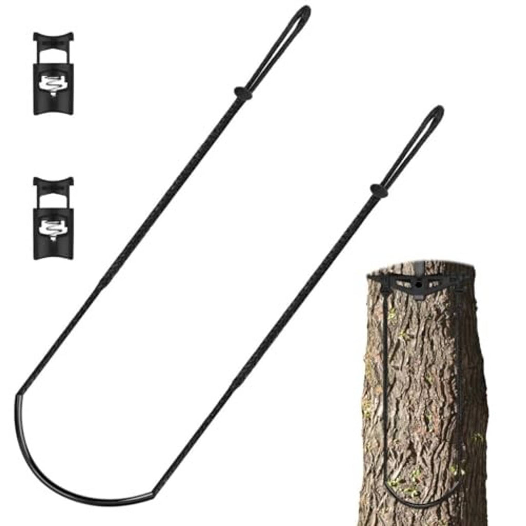 Black rope tree climbing aider with U-arch loop and strap on tree bark