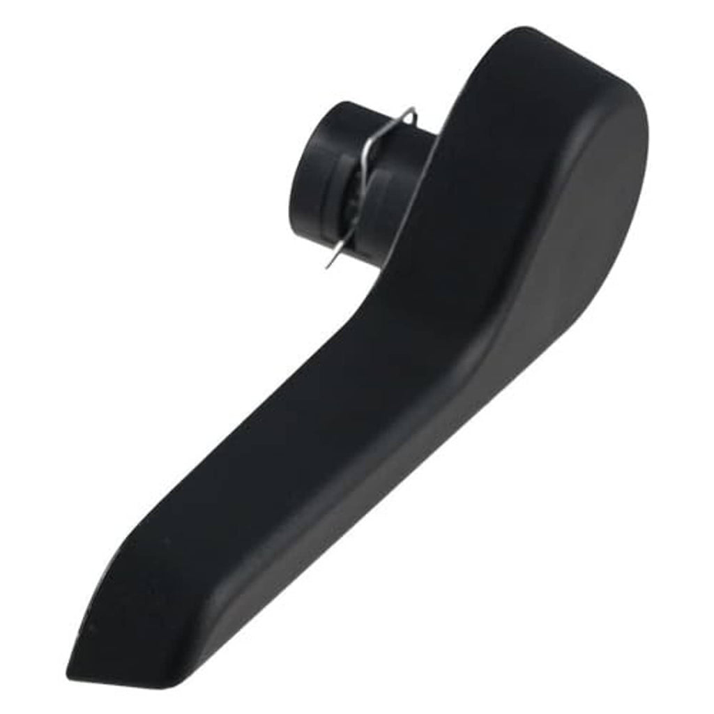 Black seat recliner handle lever with metal clip near pivot end