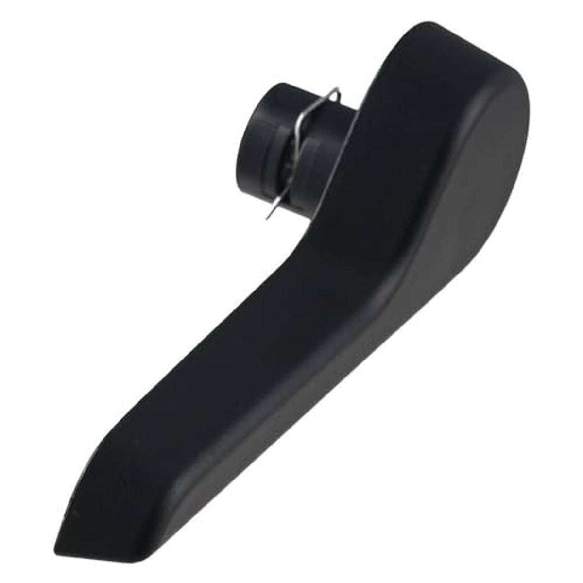 Black seat recliner handle lever with metal clip near pivot end