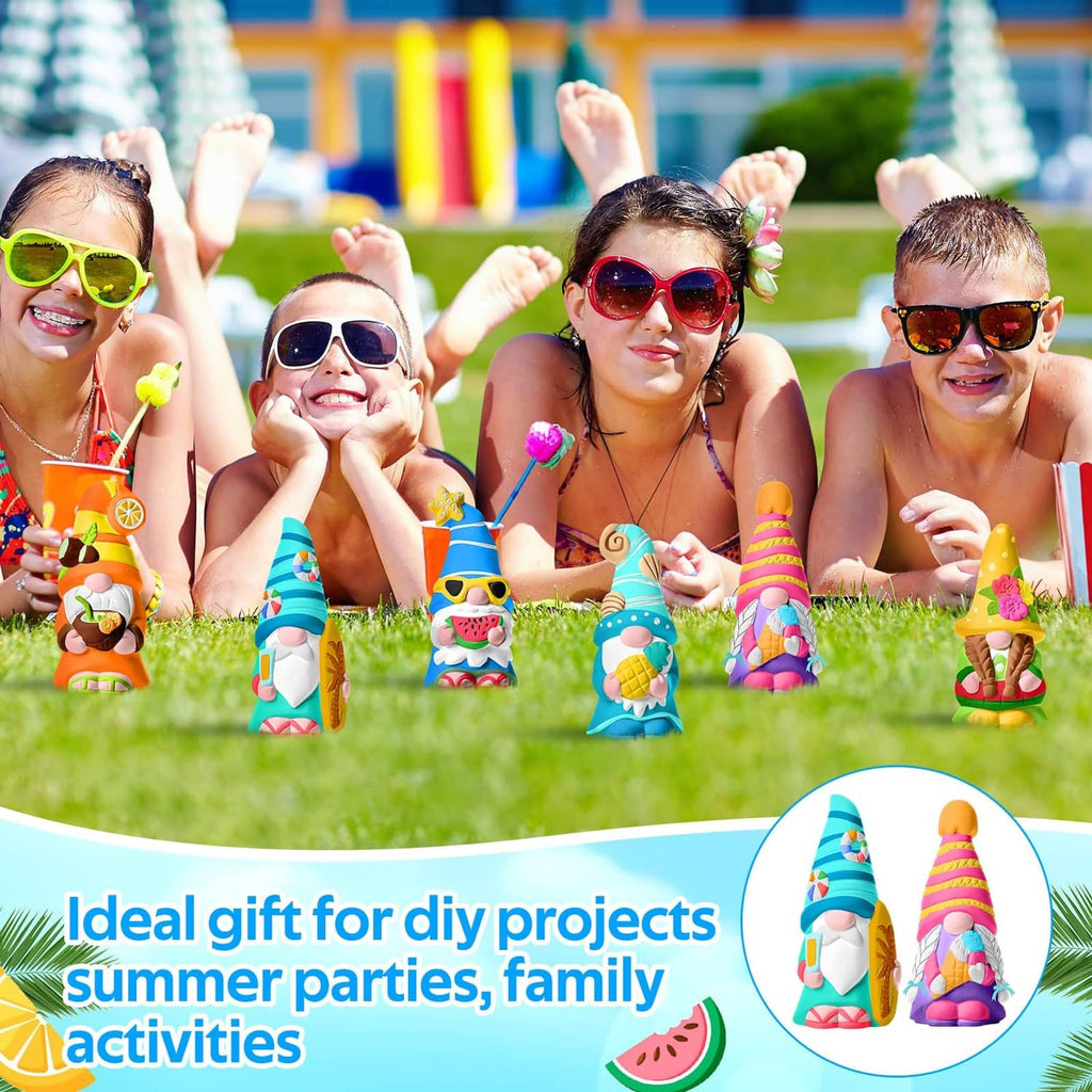 Children holding small painted ceramic summer gnome figurines with striped hats