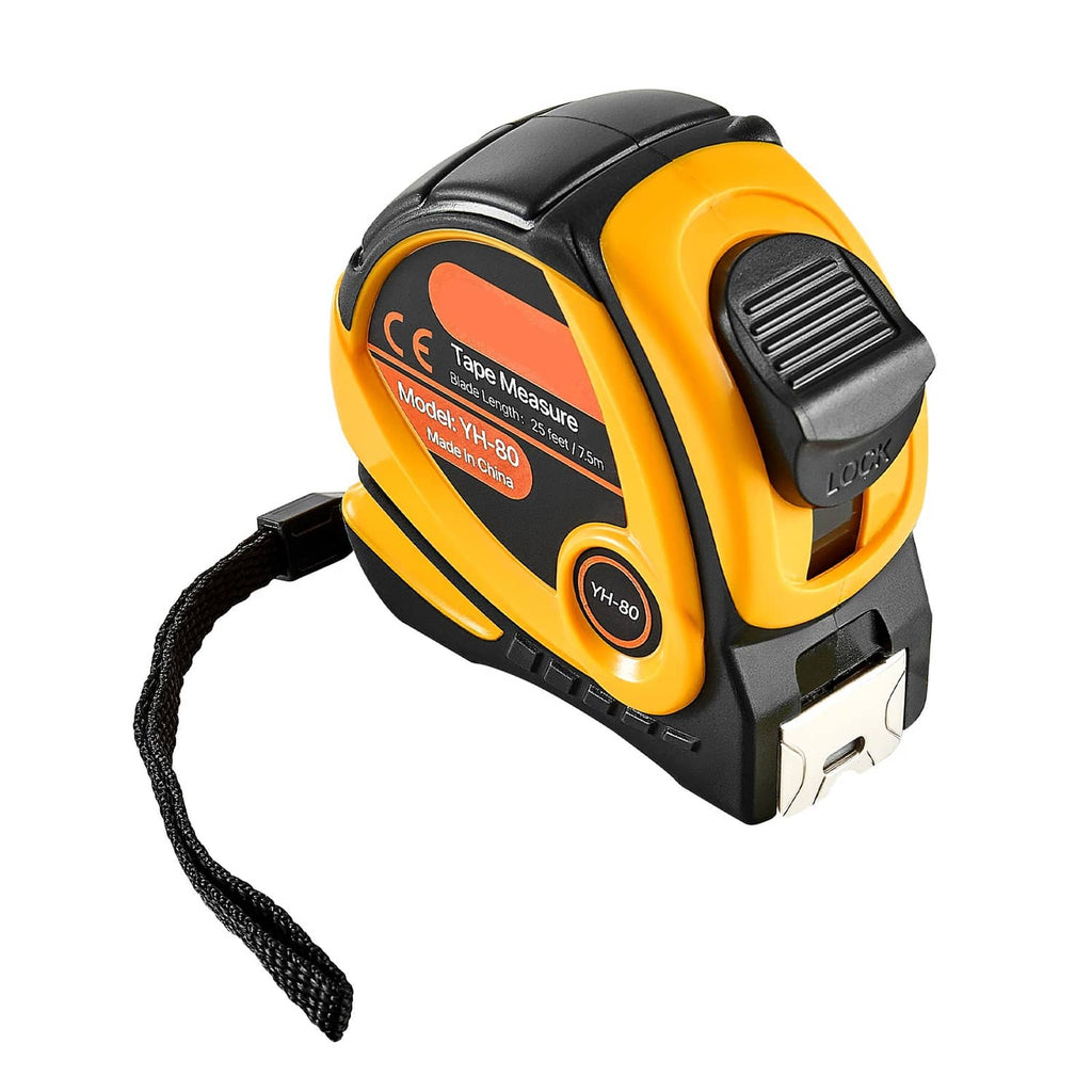 Retractable tape measure with yellow casing, black housing, and hanging wrist strap.