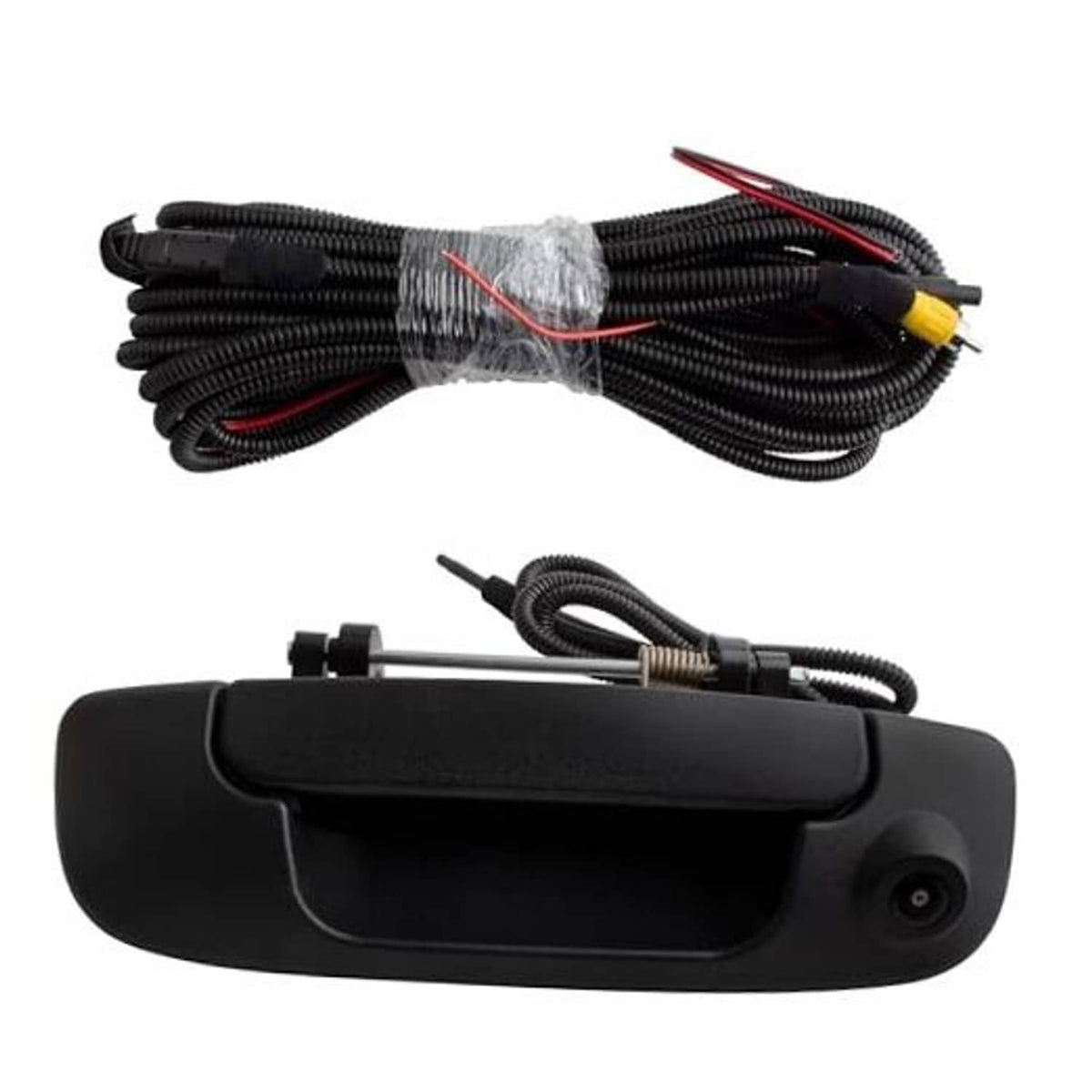 Backup tailgate handle camera with black housing, lens at corner, wiring harness shown