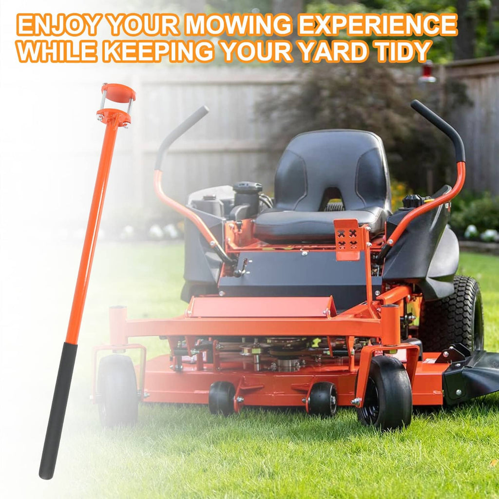 Mower with orange mount assist handle and black grip extending upward