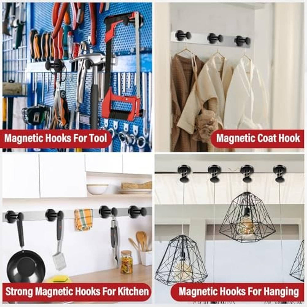 Set of black magnetic hooks holding tools, coats, and kitchen items