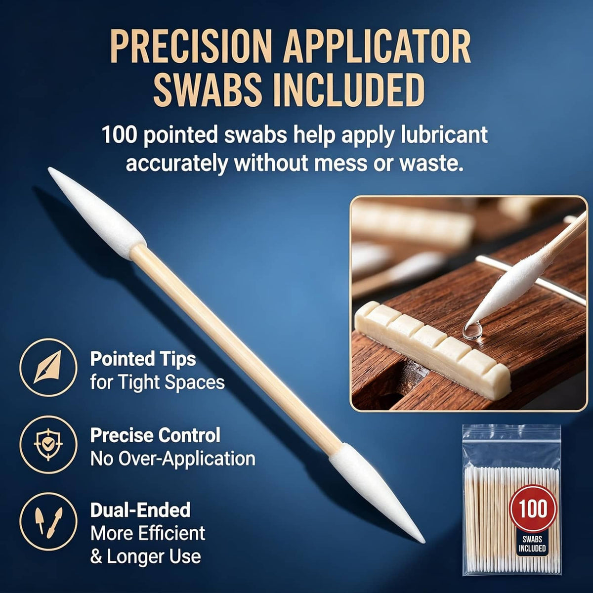 Guitar string lubricant bottle with dual-ended pointed applicator swabs for tight spaces