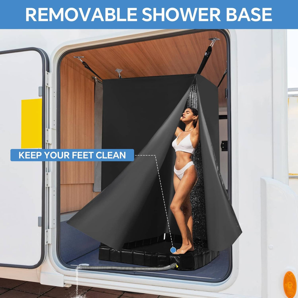 Black removable shower base with shower privacy tent awning and curtain panel