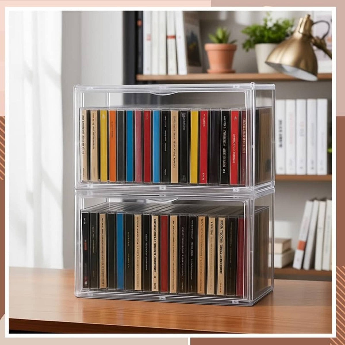 Clear acrylic stackable DVD/CD storage case with two tiers and disc spines visible