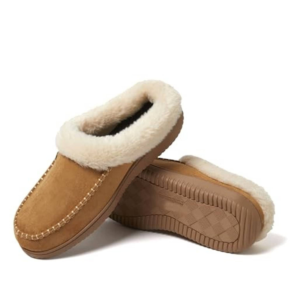 Faux-fur lined clog with textured brown outsole, shown open with footbed