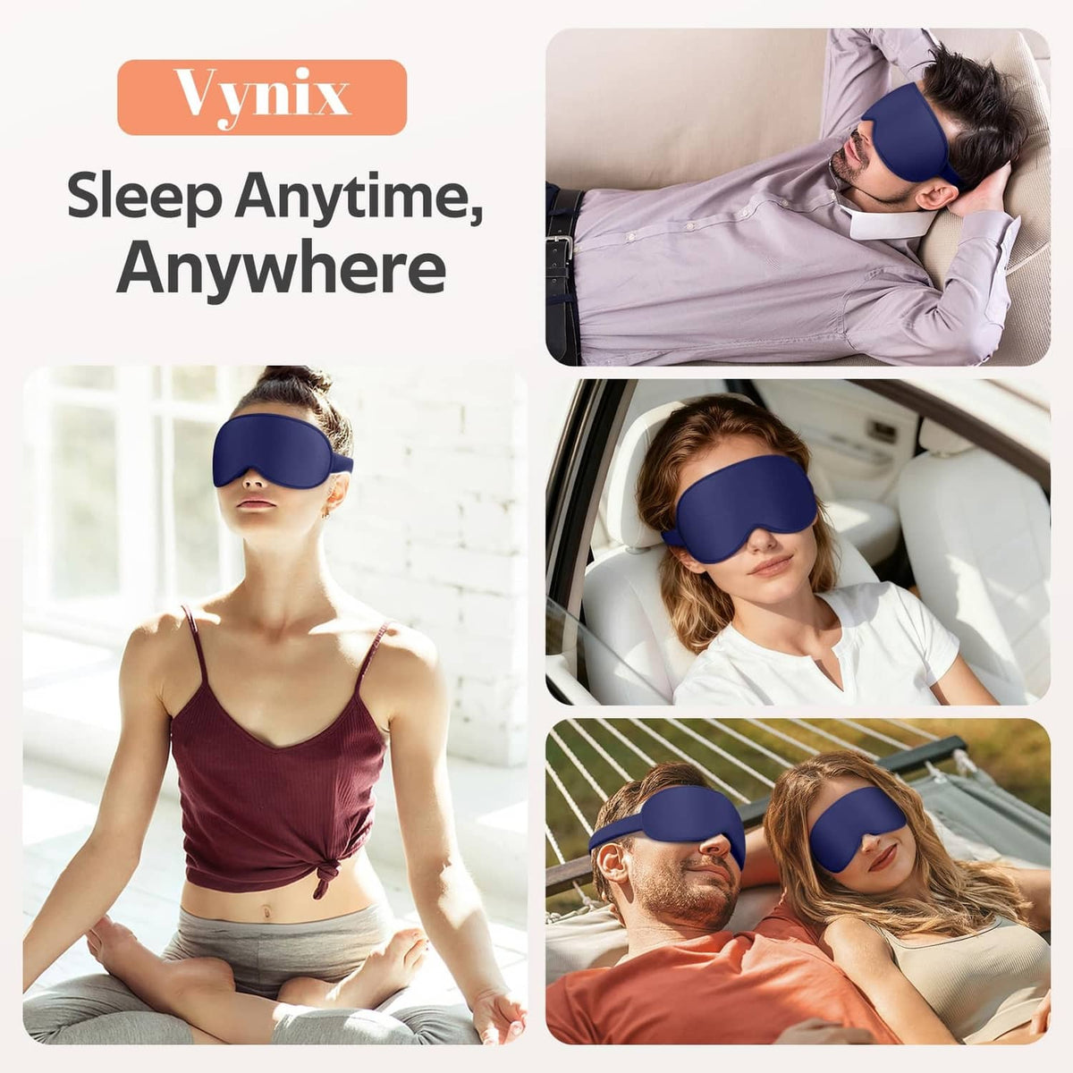 Blue sleep mask worn by people resting on beds and seated for travel comfort