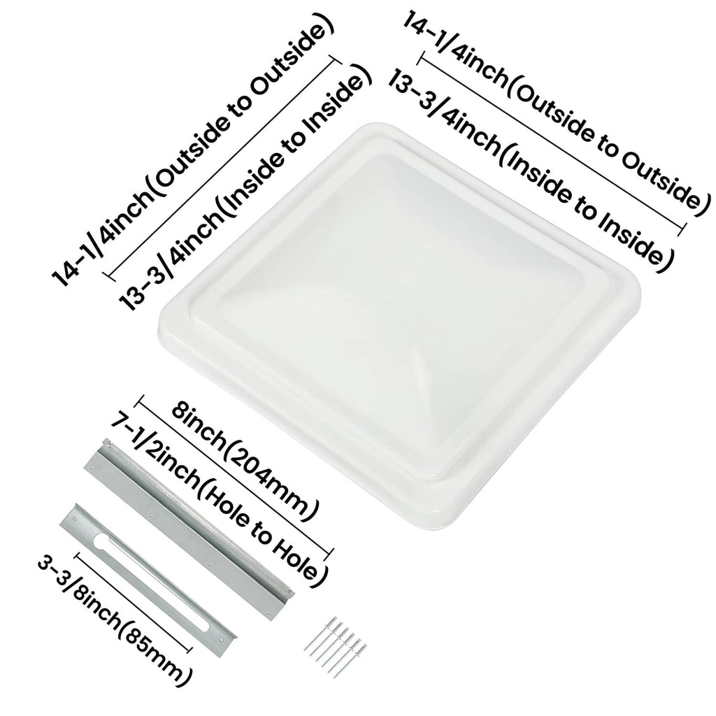 RV roof vent cover with labeled outside-to-inside dimensions, square white lid