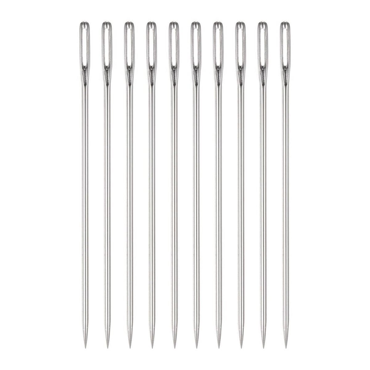 Set of 10 silver upholstery needles with sharp pointed ends
