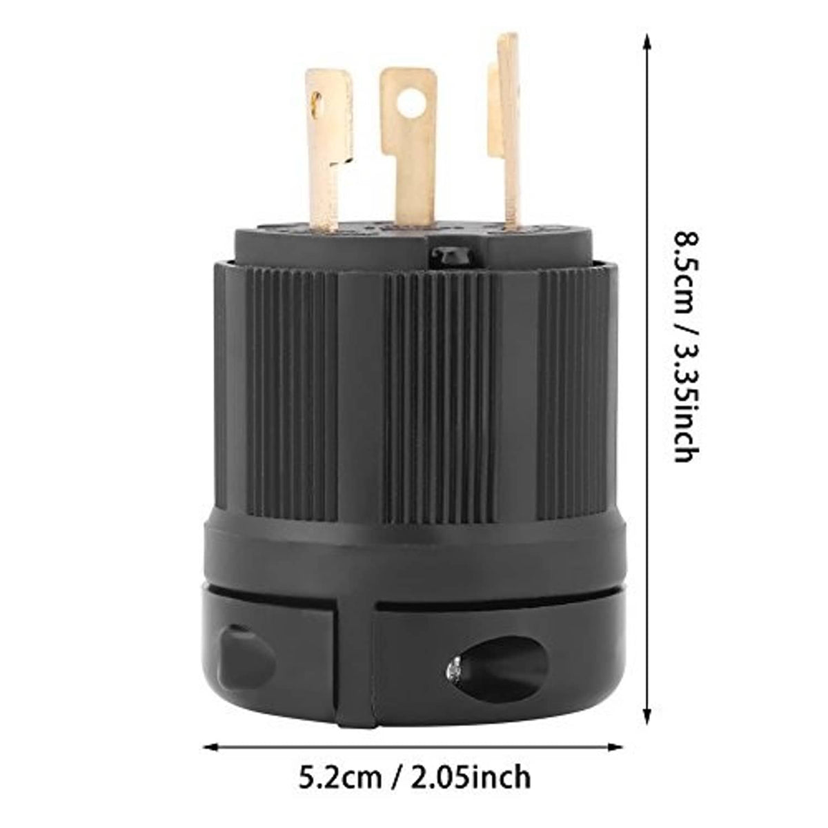 Twist-lock male plug with three gold prongs, black housing, and exposed metal contacts