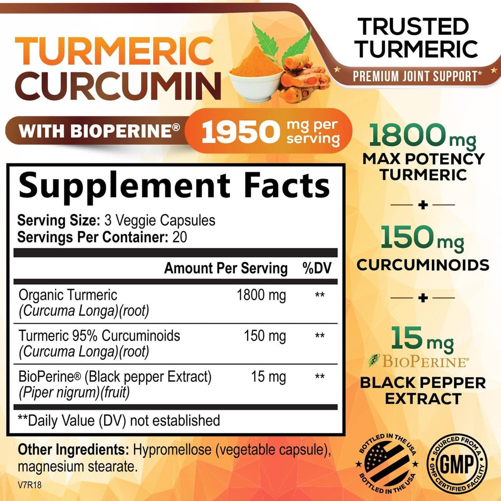 Turmeric curcumin supplement facts panel with 1800 mg turmeric and 15 mg BioPerine