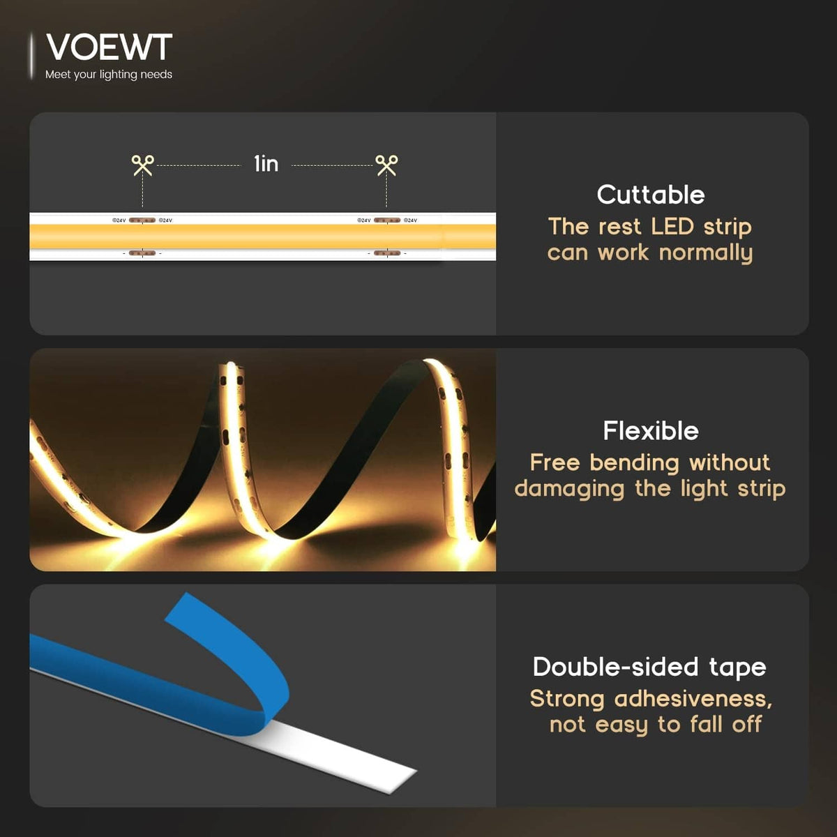 Flexible cuttable warm white LED strip on a reel, with adhesive backing.
