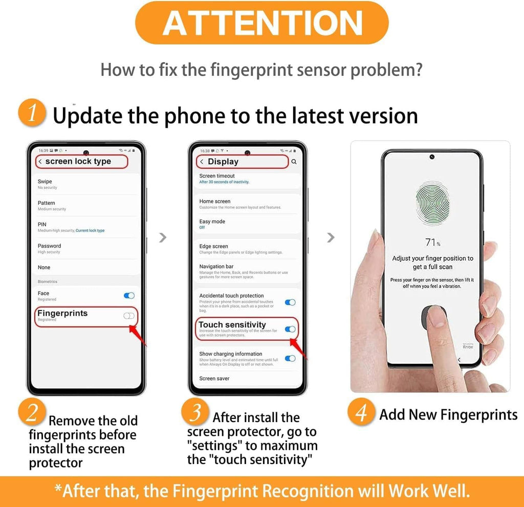 Fingerprint-sensor compatible privacy screen protector guidance shown on smartphone screens