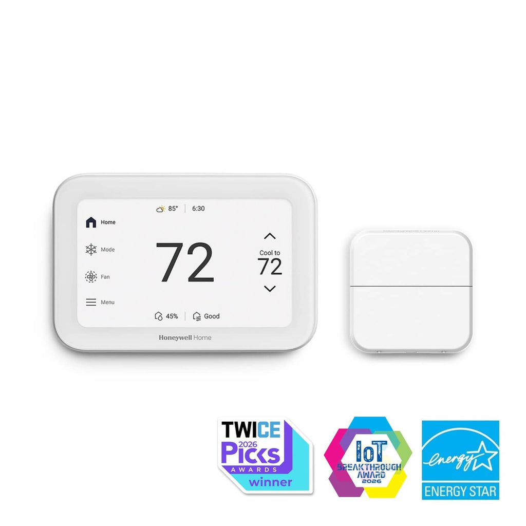 White smart thermostat with separate white room sensor module