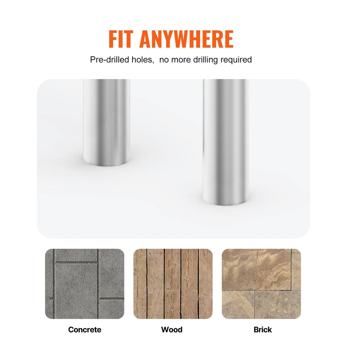 Pool ladder handrail fit guide showing pre-drilled feet for concrete, wood, or brick