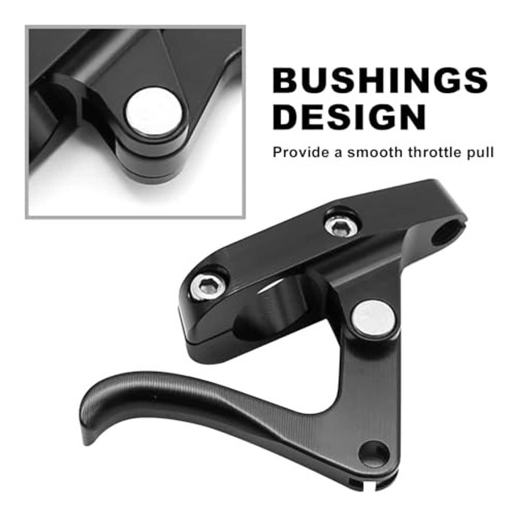 Black CNC finger throttle clutch lever with bushing area, mounting bolts and pivot screw