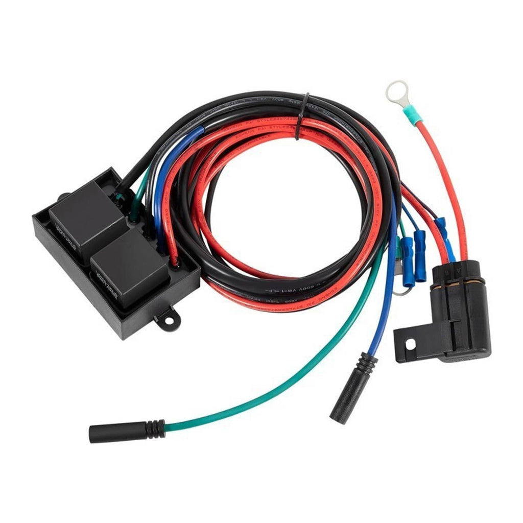 Replacement marine relay wiring harness with black relay blocks, cable ends, and blue spade terminals