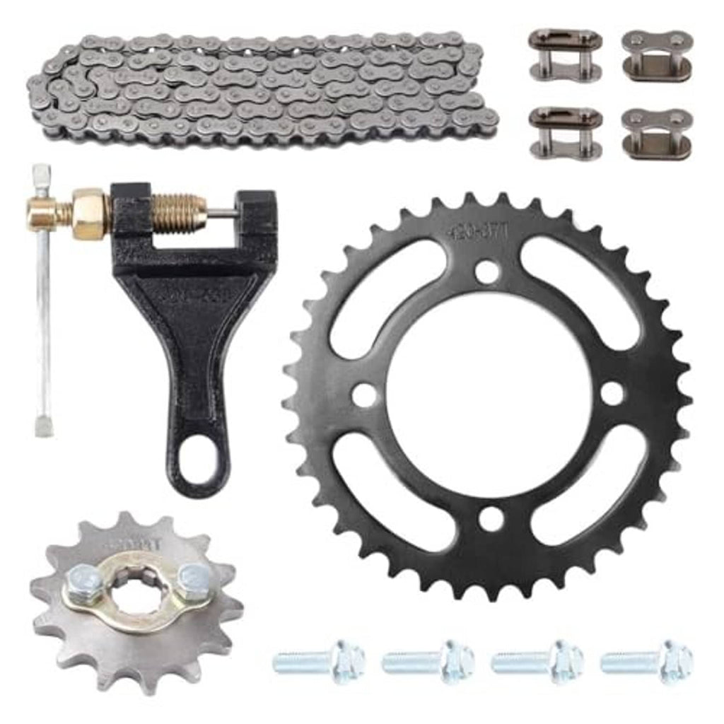 Motorcycle chain set with gray roller chain, front sprocket, rear drive sprocket, and hardware