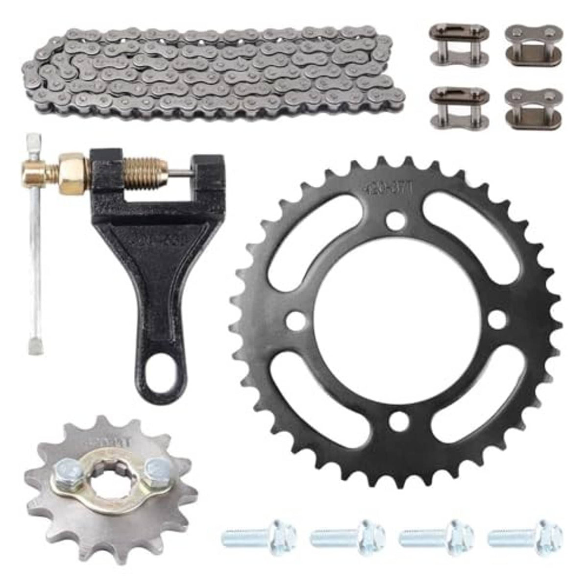 Motorcycle chain set with gray roller chain, front sprocket, rear drive sprocket, and hardware