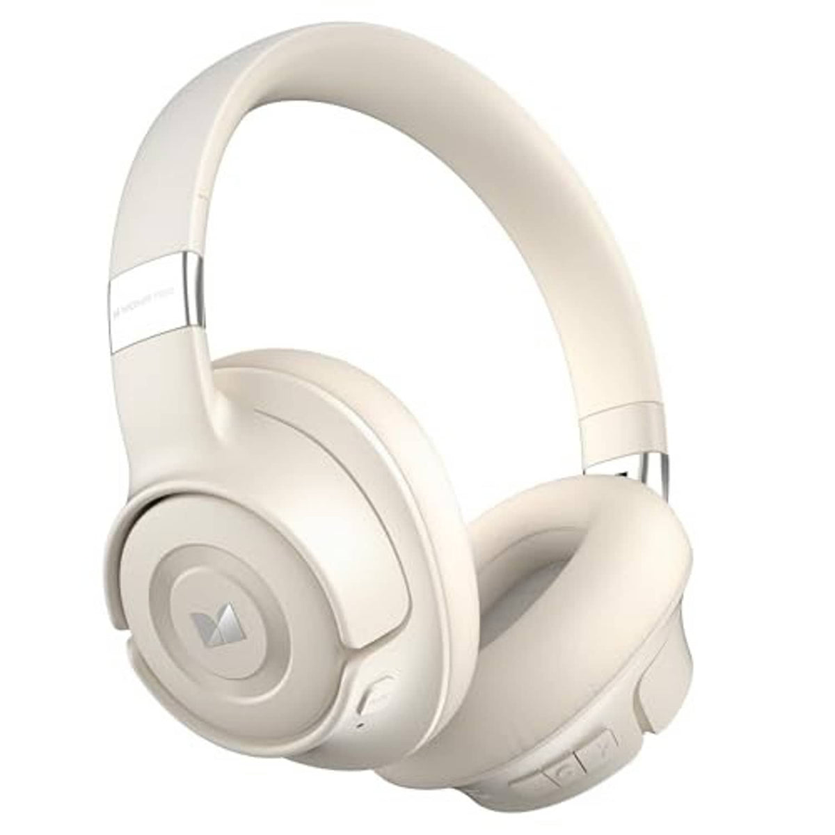 Light cream over-ear ANC Bluetooth headphones in angled view with padded ear cups