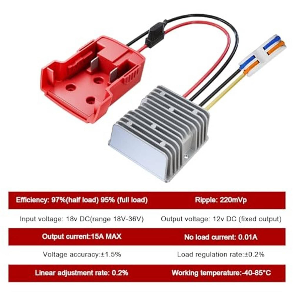 Iixwuq 18V to 12V step-down converter adapter with red battery plug and cooling fins