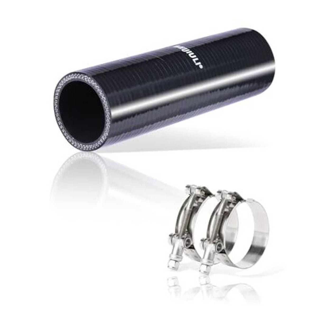 Black silicone coupler hose with stainless T-bolt clamps, straight connector.