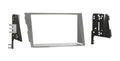Silver double-din dash kit bezel with mounting brackets and frame