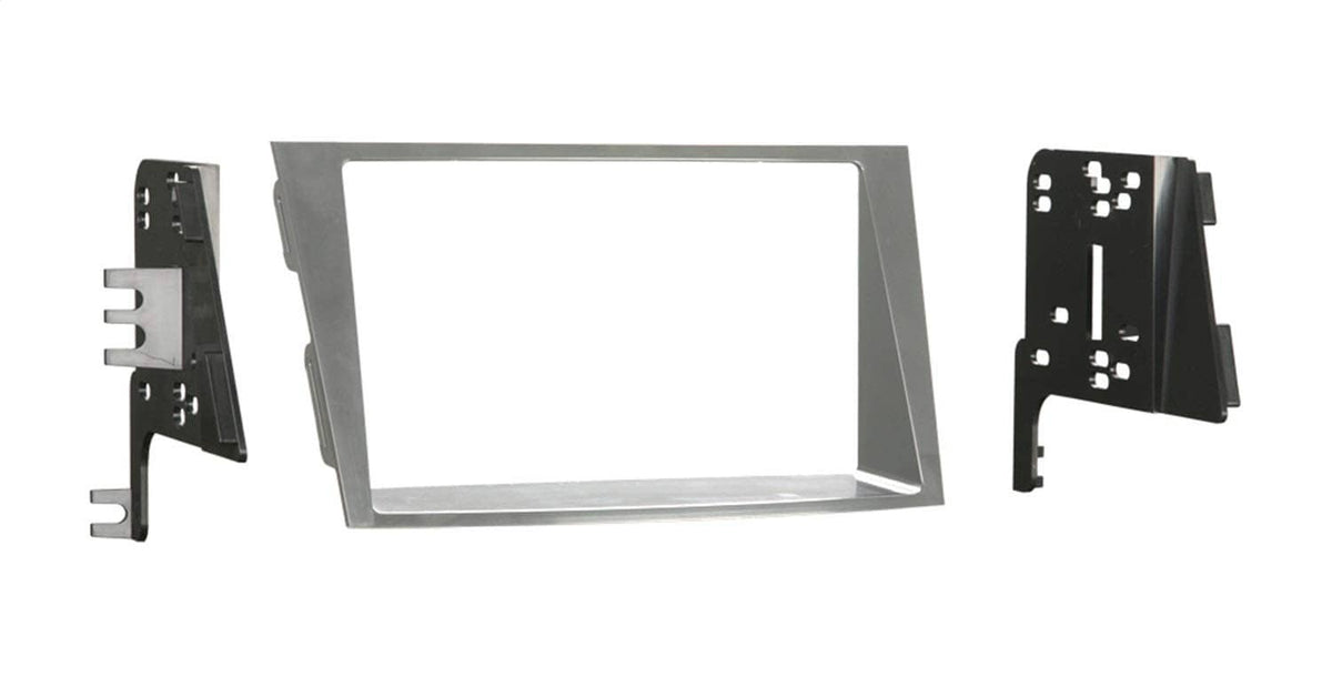 Silver double-din dash kit bezel with mounting brackets and frame
