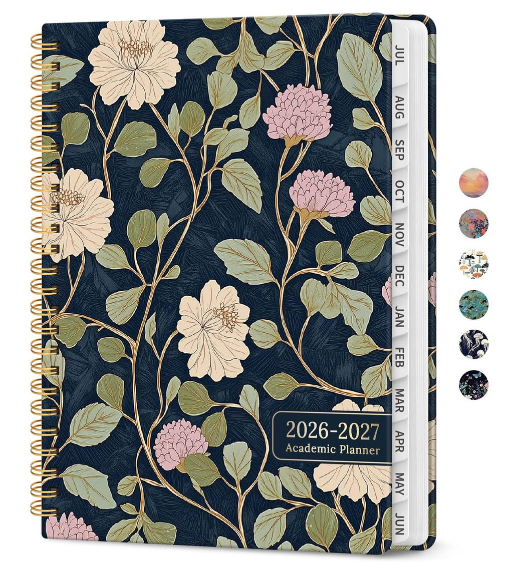 Navy floral spiral-bound academic planner cover, 2026-2027, blush vines design