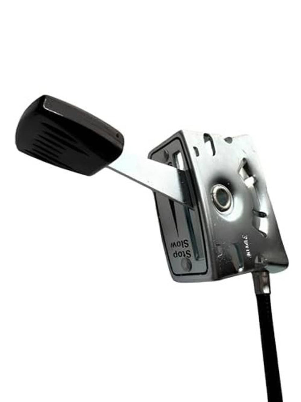Lawnmower throttle cable with black knob lever, metal bracket, and black wire