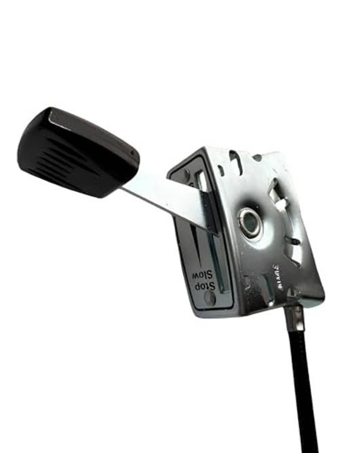 Lawnmower throttle cable with black knob lever, metal bracket, and black wire