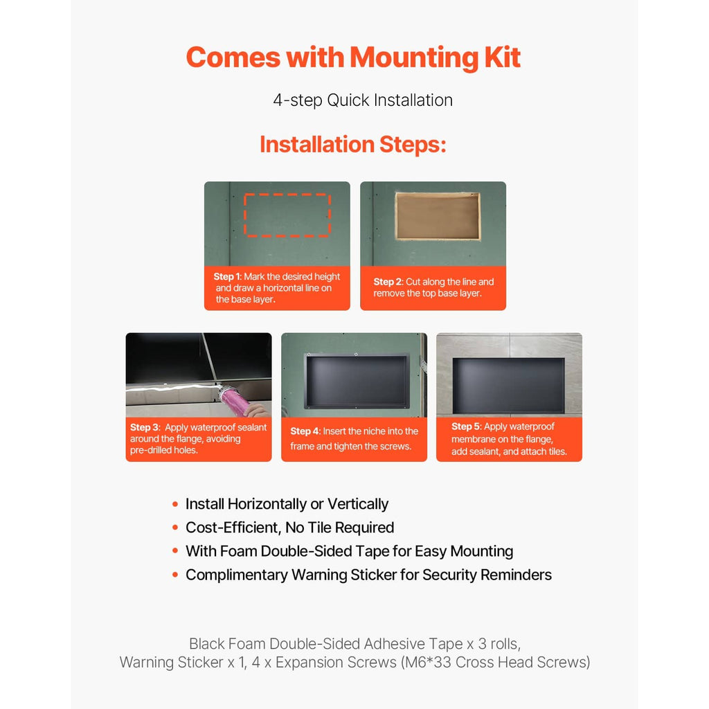 Black shower niche recessed shelf with mounting kit installation steps diagram