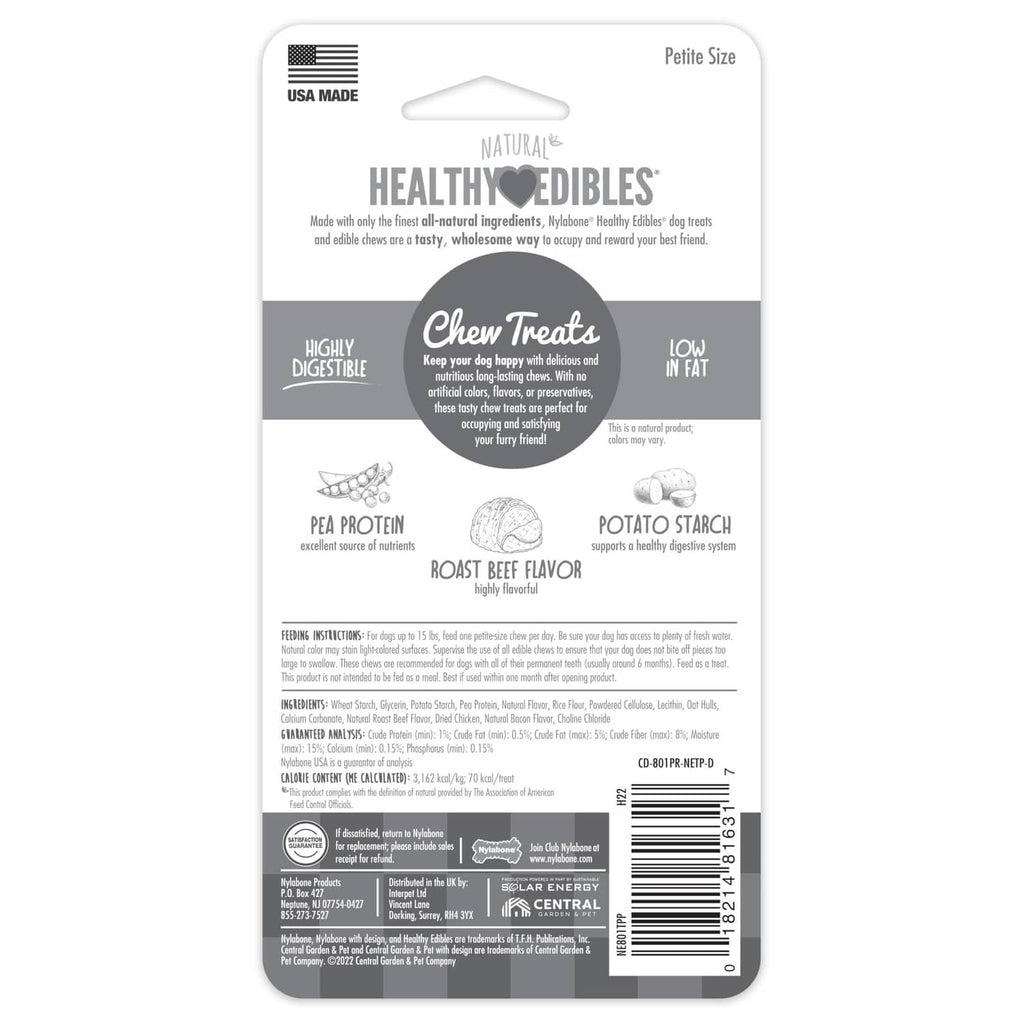 Back of natural dog chew package with icons for digestibility and starch