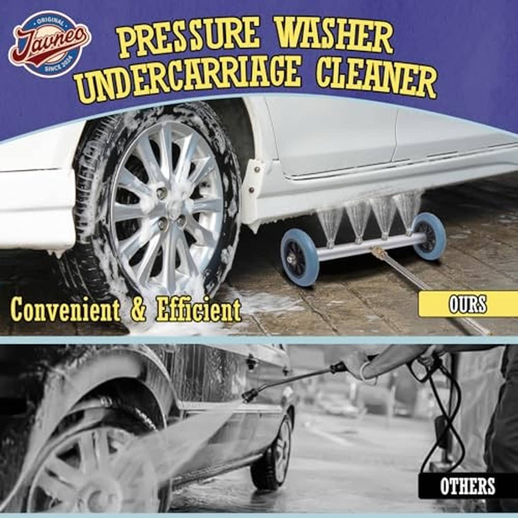 Car undercarriage pressure washer cleaner with four downward spray nozzles and blue wheels