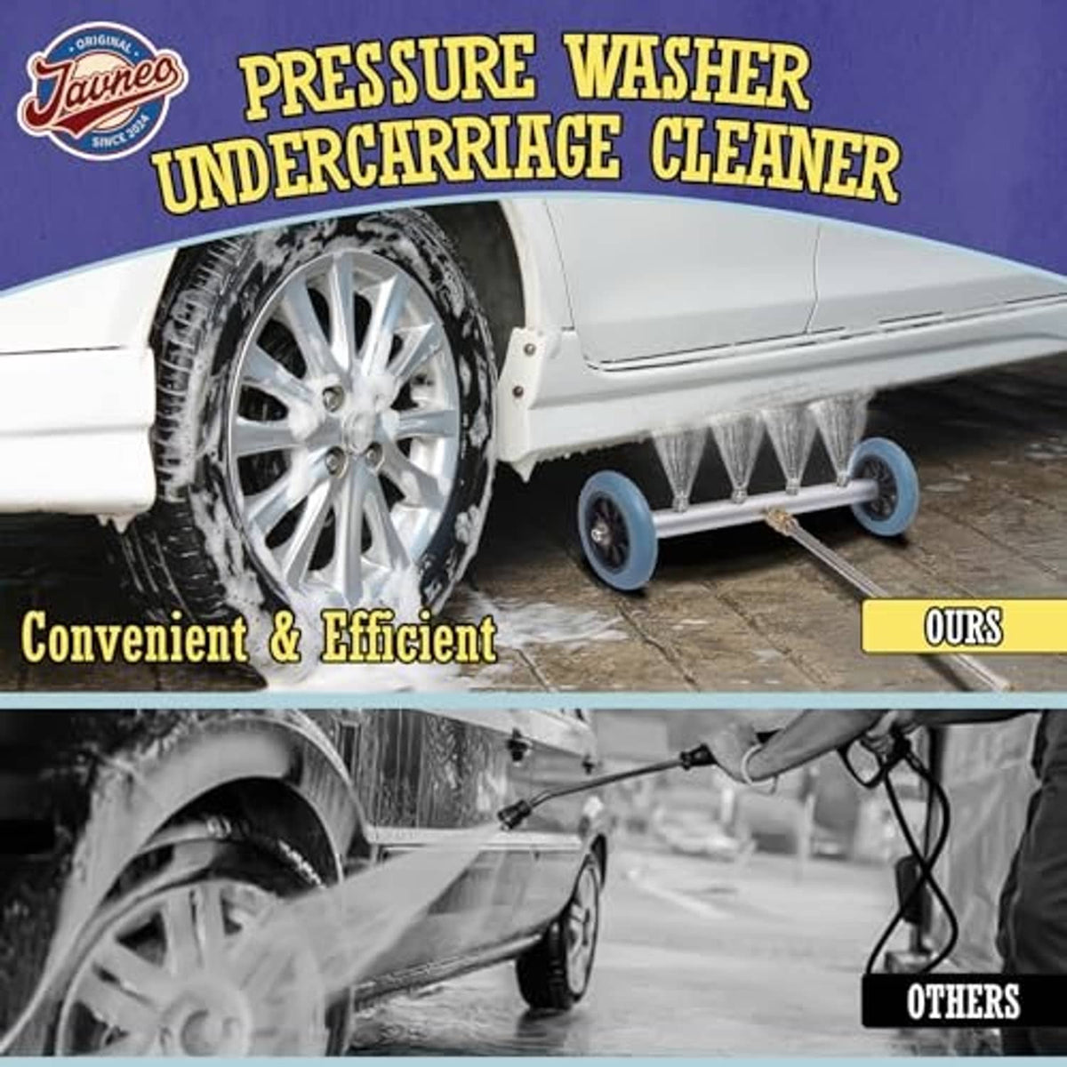 Car undercarriage pressure washer cleaner with four downward spray nozzles and blue wheels