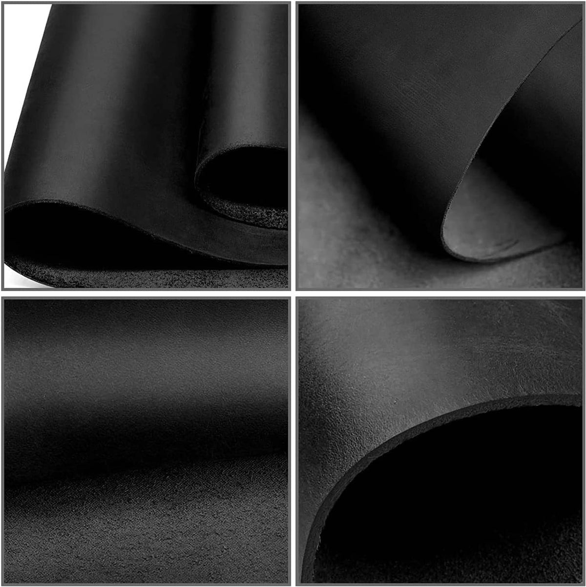 Close-up of black leather sheet texture and curved cut edge