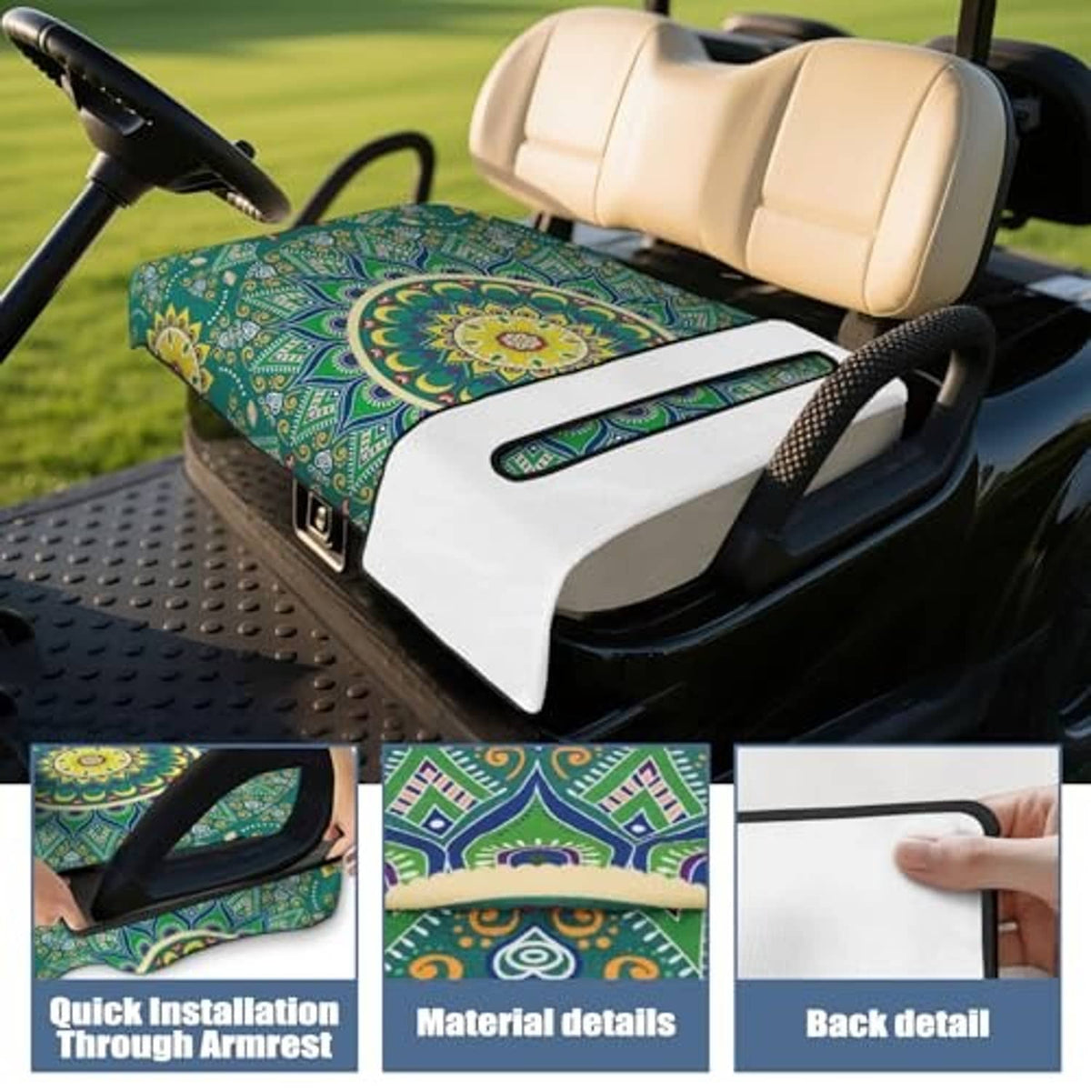 Green golf cart seat cover blanket with bold mandala pattern on front bench seat