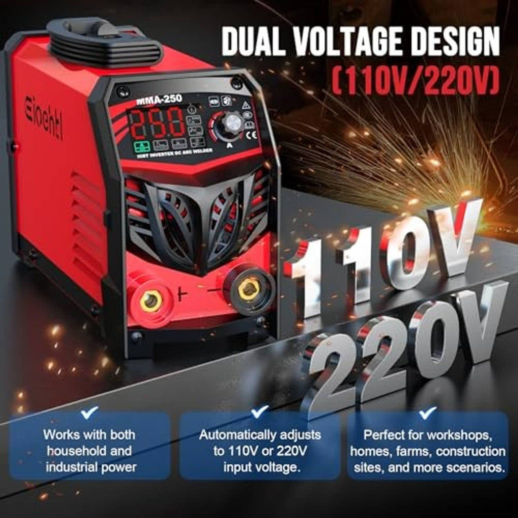 Red stick welder with front control panel, side vents, and connected power cable