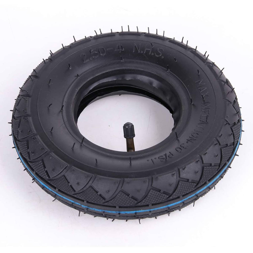 Black tire with inner tube valve and sidewall, 8 in size marking visible