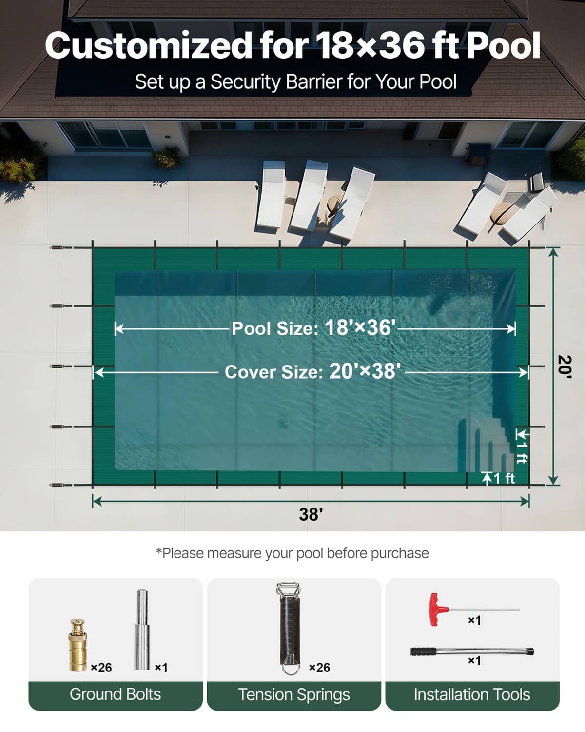 Rectangular green pool safety cover stretched over inground pool with securing clips