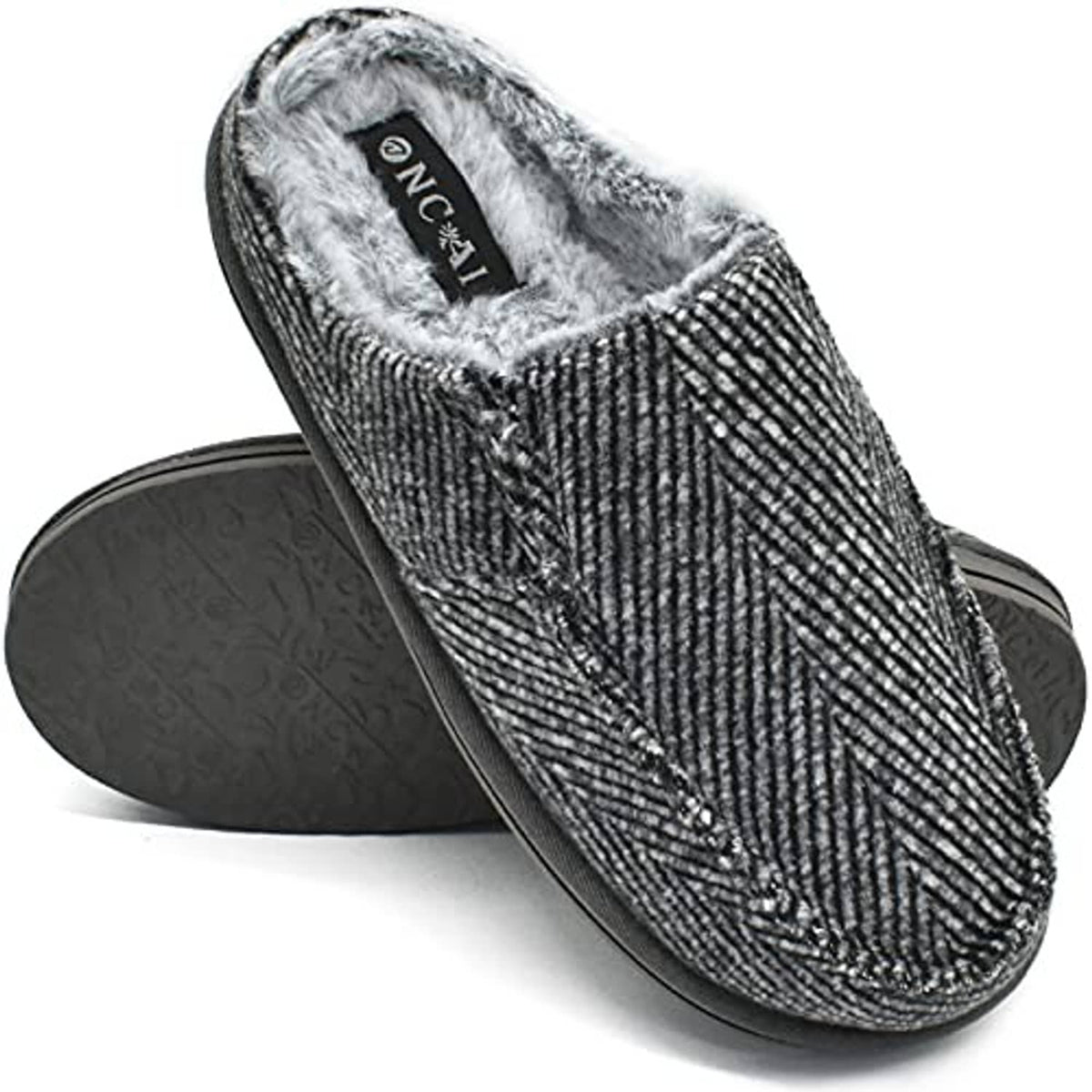 Grey herringbone slip-on clog slippers with faux-fur lining and textured outsole